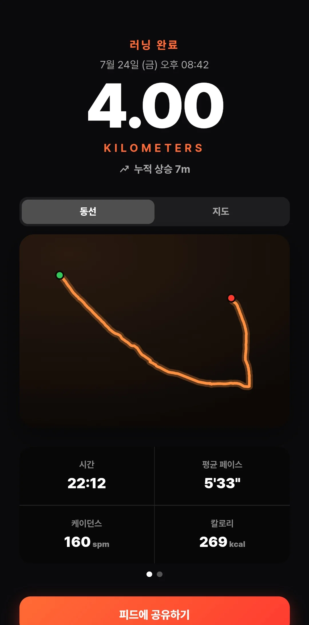Rephive 러닝 완료 화면 — 4.00km, 동선, 시간 22분 12초, 평균 페이스 5분 33초, 케이던스, 칼로리